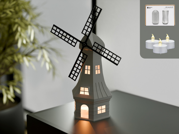 Yel Değirmeni LED Lamba & Mumluk Seti – 3D Baskı Dekoratif Aydınlatma