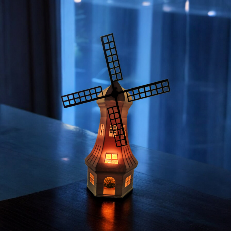 Yel Değirmeni LED Lamba & Mumluk Seti – 3D Baskı Dekoratif Aydınlatma