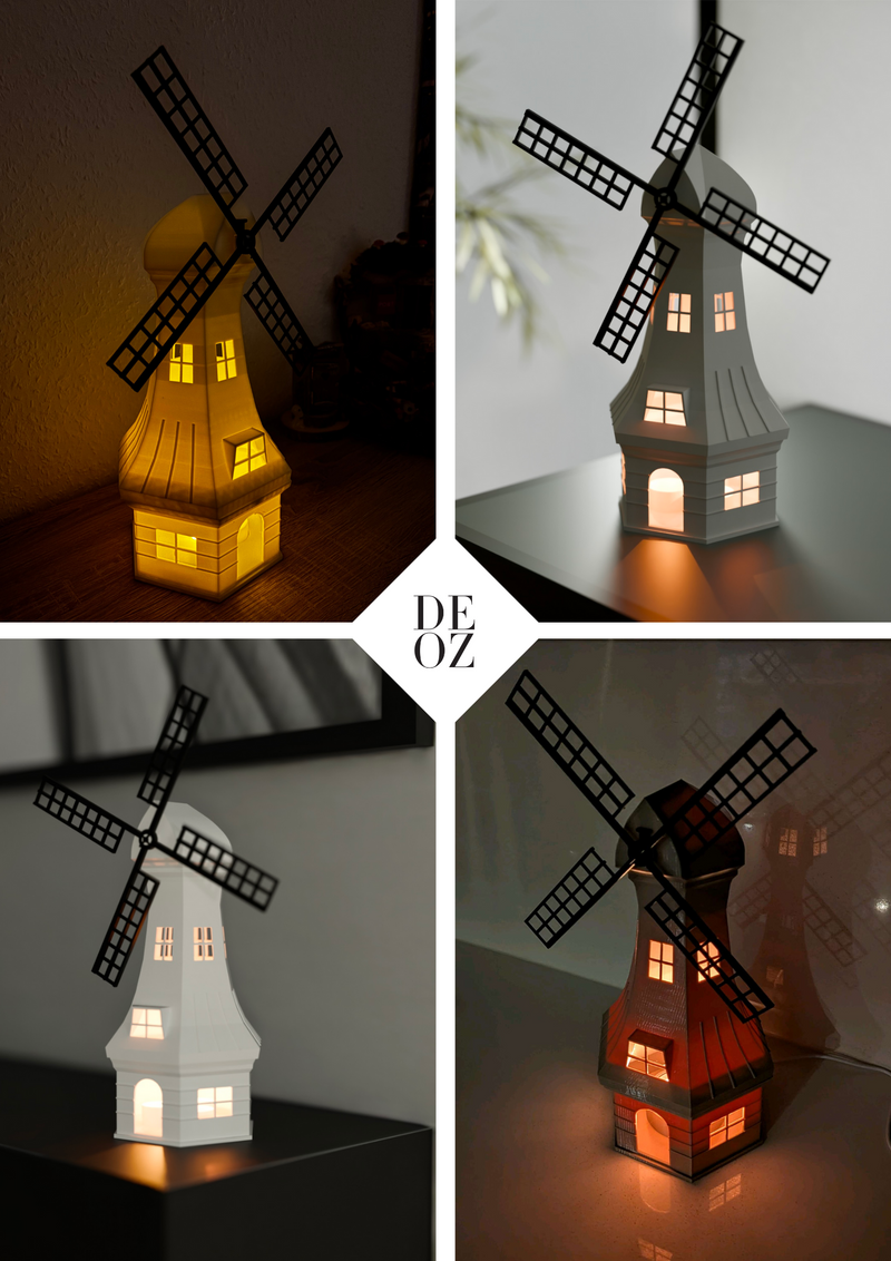 Yel Değirmeni LED Lamba & Mumluk Seti – 3D Baskı Dekoratif Aydınlatma
